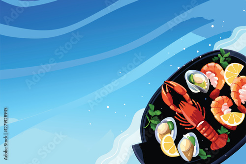 Create a vibrant vector banner showcasing a delicious seafood feast, featuring prominently a succulent lobster and plump shrimp.  Add a touch of nautical elegance.