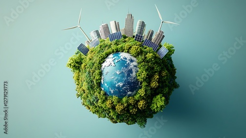 Eco-Friendly City on a Green Planet, A miniature cityscape with skyscrapers and wind turbines on a lush green planet