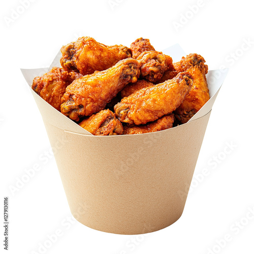 Tasty fried chicken wings in paper bucket isolated on transparent background