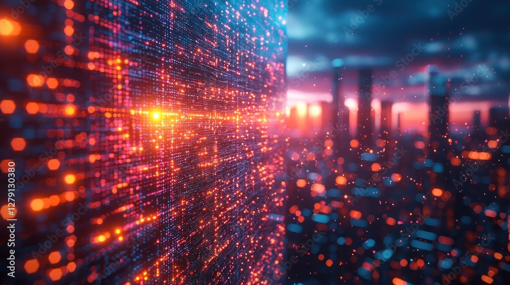 Fototapeta premium Digital Data Stream Over Cityscape at Sunset