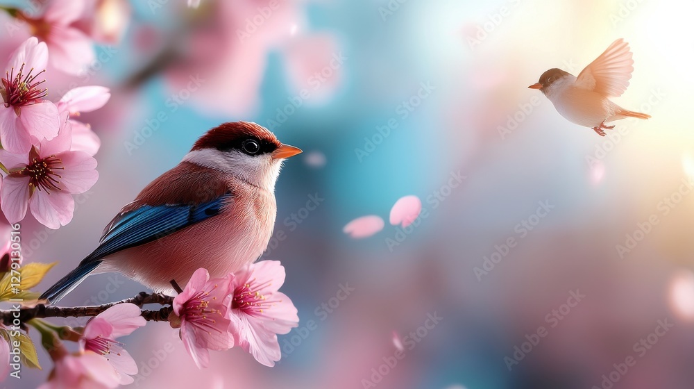 Serene Cherry Blossom Alley with Birds and Sunlight