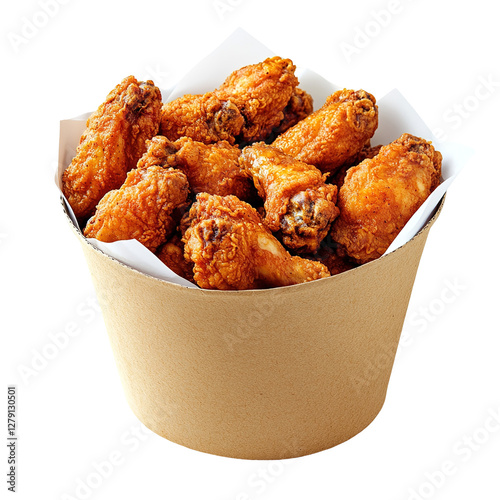 Tasty fried chicken wings in paper bucket isolated on transparent background