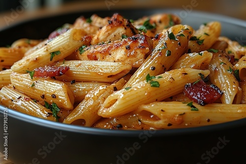 Penne pasta with chicken and sauce garnished with parsley Close-up of a delicious and appetizing meal ready to be served