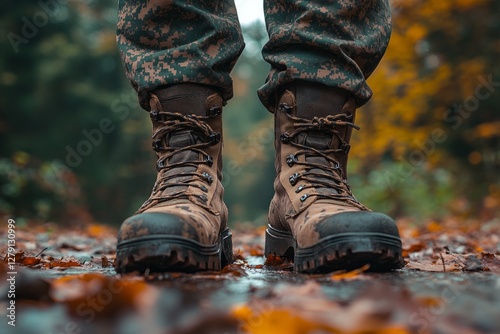 Close-up of soldier's muddy boots standing firmly on wet ground covered with fallen autumn leaves photo