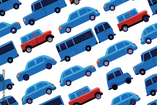 Create a vibrant, seamless vector pattern featuring a diverse array of colorful cars and buses in various styles and sizes.