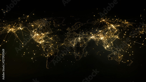 Luminous golden lines connecting networked points creating digital world map, symbolizing global connectivity and data sharing across dark background