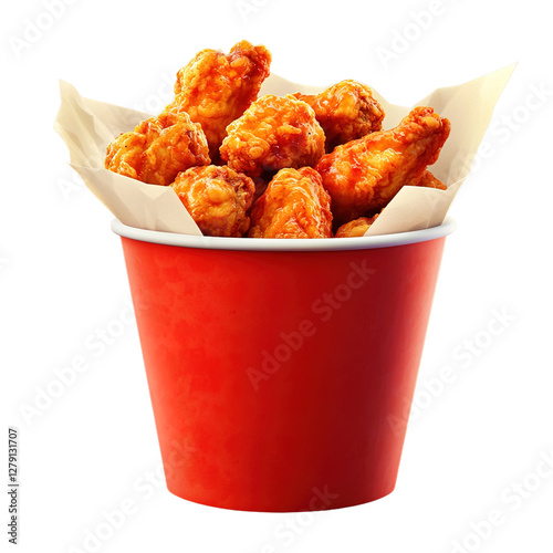 Tasty fried chicken wings in paper bucket isolated on transparent background