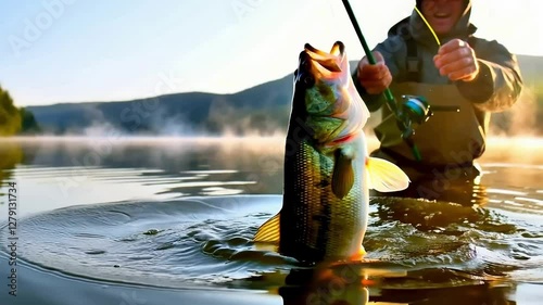 Adult man fly fishing and catching largemouth bass at sunrise