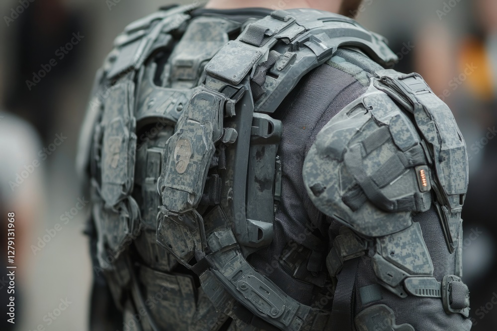 Fototapeta premium Close-up of a soldier's back, showcasing advanced combat armor with a digital camouflage pattern, emphasizing military technology and futuristic warfare