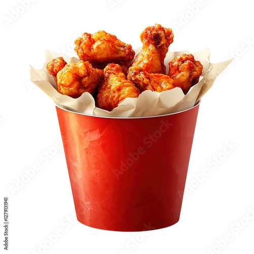 Tasty fried chicken wings in paper bucket isolated on transparent background