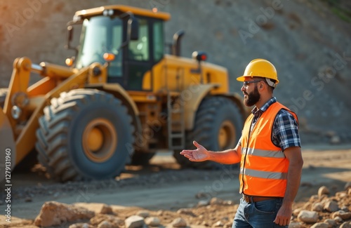 Construction worker directs traffic at job site. Man with beard, glasses, yellow hard hat, safety vest near heavy machinery. Construction site safety, management, signaling. Outdoor work,