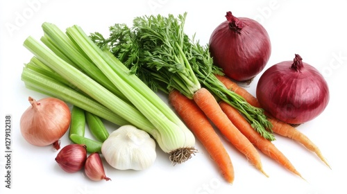 Different vegetables set. Celery, pepper, beetroot, carrot, onion, garlic, ginger and green bean isolated on white background. Healthy eating concept. Creative layout. Flat lay, top view