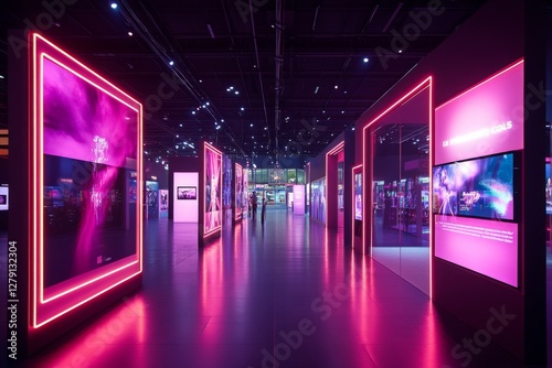 Futuristic neon-lit corridor with reflections on a glossy floor