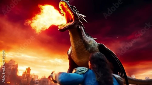 Woman fighting a dragon in a burning city