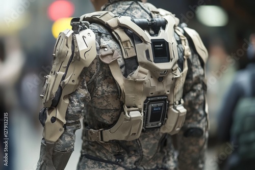 Close-up of military personnel wearing advanced exoskeleton armor in a city setting