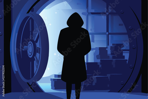 A mysterious, shadowy figure cloaked in darkness stands before a massive, imposing vault door, ominous light illuminating the scene.