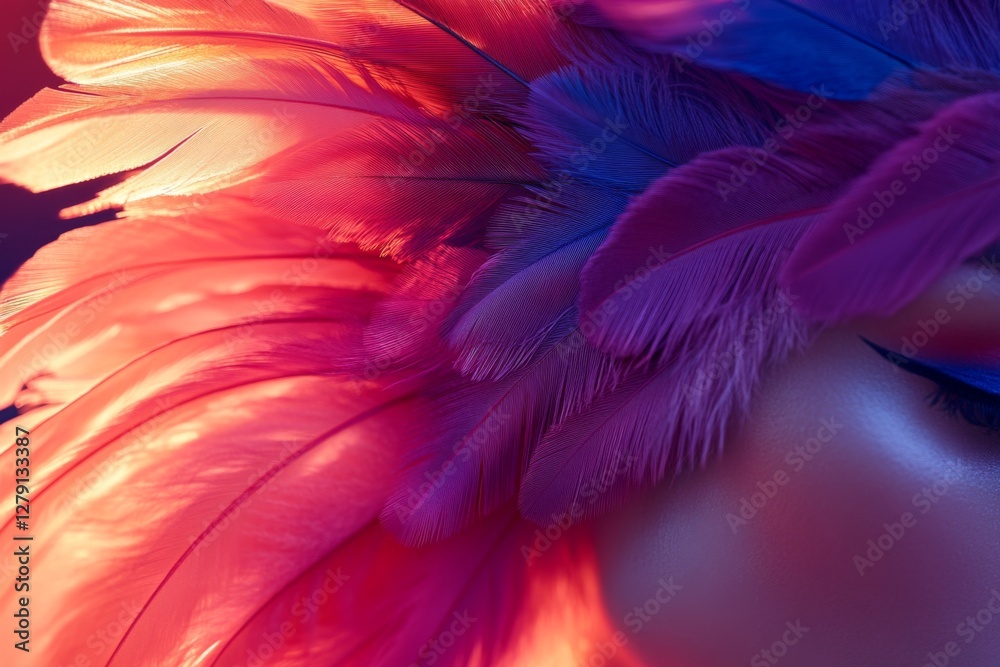Abstract close-up of vibrant red and blue feathers with soft texture Abstract close-up of vibrant red and blue feathers with soft texture