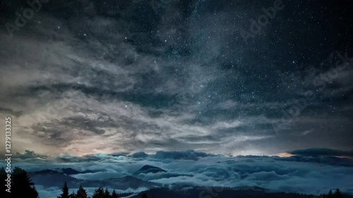 Night Sky over Foggy Mountains