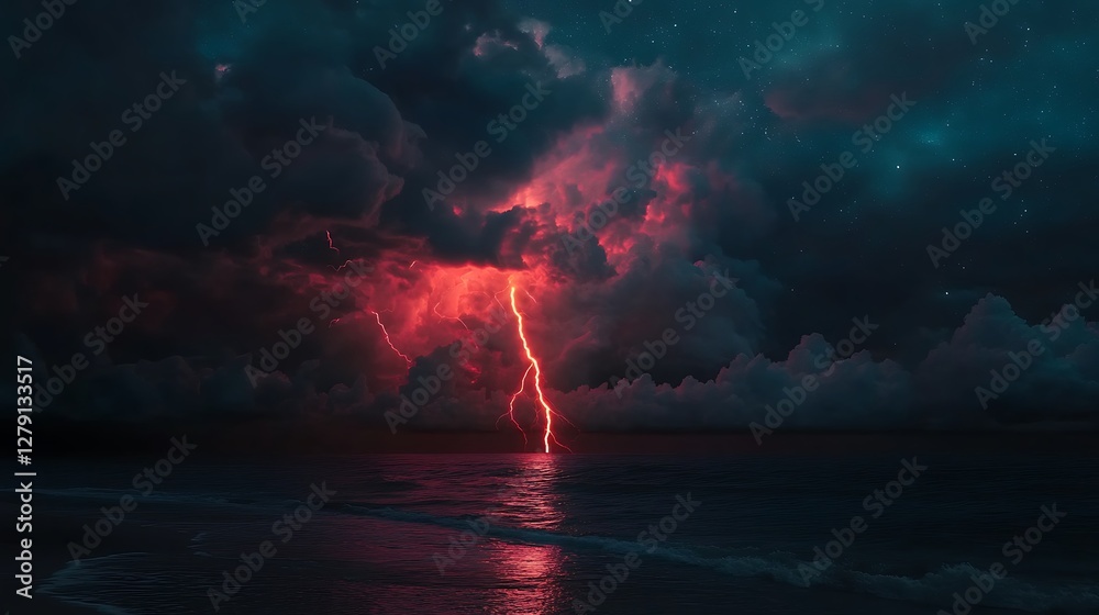 Obraz premium Intense Lightning Strike Illuminating Dark Thunderstorm Clouds