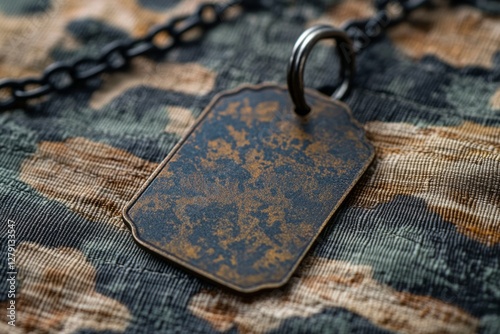 Wallpaper Mural Close-up of blank metallic military id tag with chain on camouflage fabric, evoking themes of remembrance and military service Torontodigital.ca