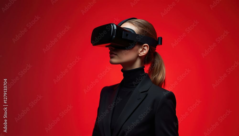 Modern woman in VR glasses poses on red background. Girl in black outfit uses virtual augmented reality technology headset. Metaverse concept, innovation in gaming, digital life, entertainment, Modern woman in VR glasses poses on red background. Girl in black outfit uses virtual augmented reality technology headset. Metaverse concept, innovation in gaming, digital life, entertainment,