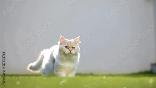 Fluffy White Longhair Cat Jumping in Grass