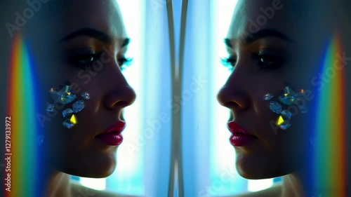 Woman with crystals on her face reflected in a mirror