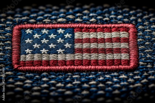 Patriotic embroidered American flag patch on denim fabric with rich texture