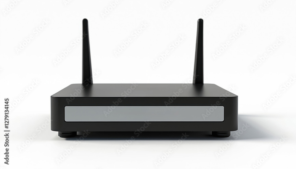 Modern black Wi-Fi internet router isolated on white background. Wireless tech device for network connection. Broadband equipment with antennae for home, office. Sleek digital modem with smart Modern black Wi-Fi internet router isolated on white background. Wireless tech device for network connection. Broadband equipment with antennae for home, office. Sleek digital modem with smart