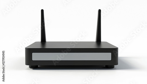 Modern black Wi-Fi internet router isolated on white background. Wireless tech device for network connection. Broadband equipment with antennae for home, office. Sleek digital modem with smart photo