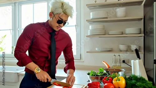 Asian man in red shirt preparing vegetables in the kitchen