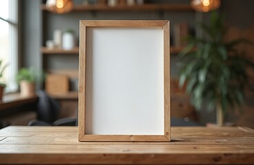 Wooden frame stands on a table indoors with plant and lamp on background. Empty blank canvas template for mock up, photo, image, artwork display in interior. Rustic design.