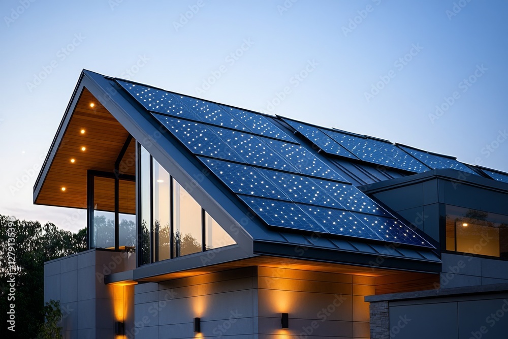 Obraz premium Modern eco-friendly house with solar panels installed on the roof