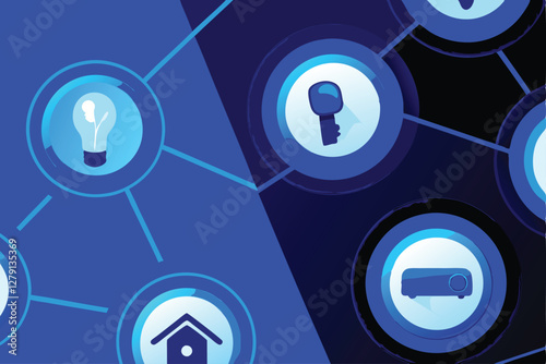 Design a vibrant banner showcasing a smart home system, featuring glowing icons of smart devices (lights, thermostat, security).  Include a modern, clean aesthetic.