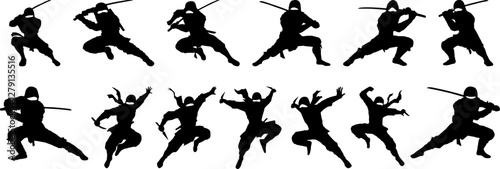 set of ninja warrior silhouette vector