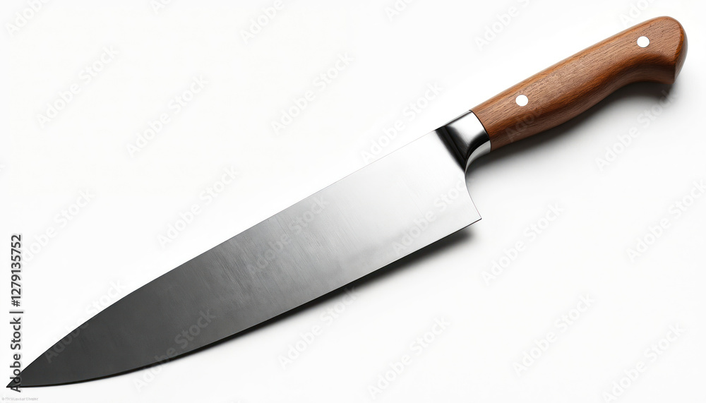 Pro chef kitchen knife isolated on white background. Cooking equipment with wooden handle, sharp steel blade for food preparation. Utensil for domestic use by cook butcher. Modern, clean design. Pro chef kitchen knife isolated on white background. Cooking equipment with wooden handle, sharp steel blade for food preparation. Utensil for domestic use by cook butcher. Modern, clean design.