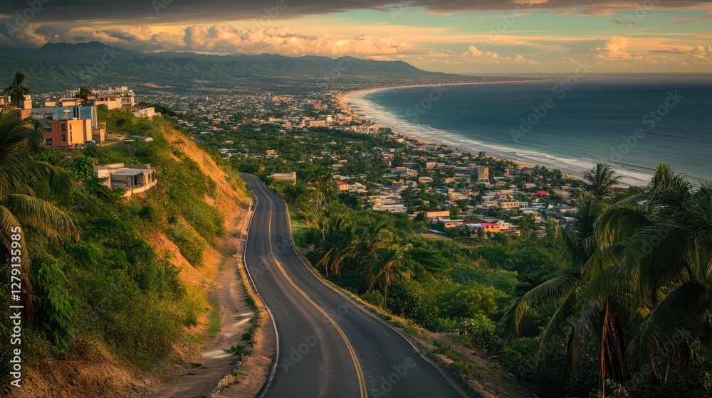 Fototapeta premium Aerial view showcasing a winding road descending a hill, leading towards a distant beach under a clear sky, emphasizing natural beauty and serenity.