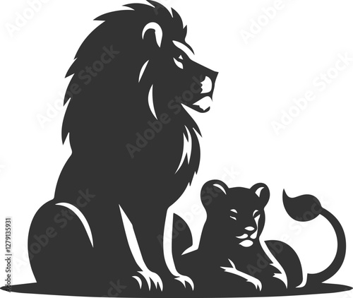 A lion cub sitting calmly next to its mother vector animal silhouette