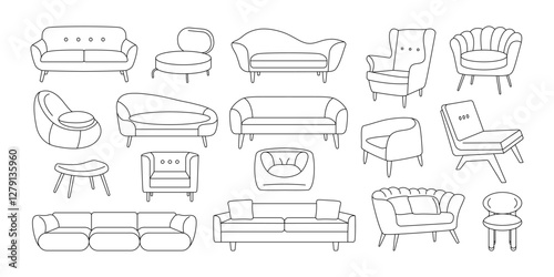 Home furniture icons. Cozy living room interior with sofa armchair couch doodle style, line sketch of apartment or office furniture decor. Vector isolated set
