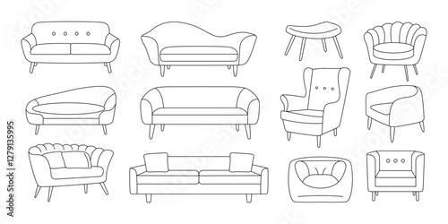Doodle home furniture icons. Hand drawn sofa couch chair sketches, line living room interior furniture elements, outline decorative divan cushion armchair. Vector furniture set