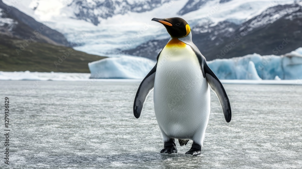 Fototapeta premium stock photo of a penguin walking with iced mountain background