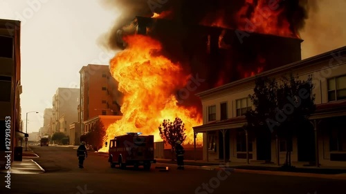 Fiery Building Fire Engulfed in Flames on City Street