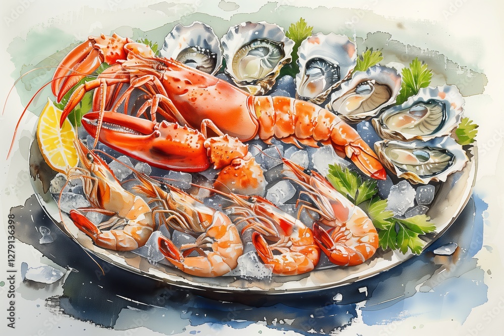 A vibrant display of fresh seafood, including lobsters and oysters on ice. A vibrant display of fresh seafood, including lobsters and oysters on ice.