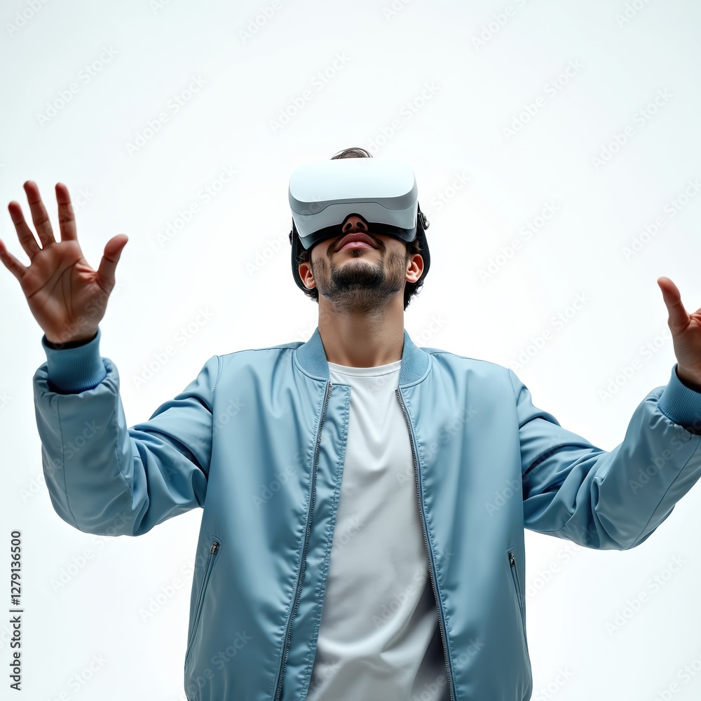 Man in blue jacket uses virtual reality headset on white background, raising hands. Exploring digital world, cyberspace, modern tech, simulation, entertainment, games, studying, innovative Man in blue jacket uses virtual reality headset on white background, raising hands. Exploring digital world, cyberspace, modern tech, simulation, entertainment, games, studying, innovative
