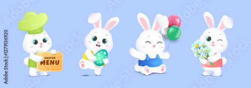 3d funny easter rabbit cartoon character set with poses like holding menu board, egg, balloons and flowers. Vector illustration character template.