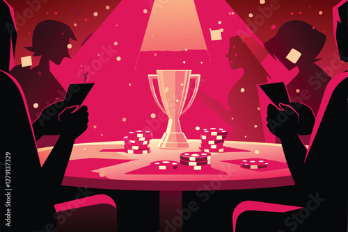 Dramatic spotlight on a poker championship final table; intense players, cards, chips, trophies; glamorous setting.