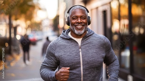 Young at heart: black senior man jogging in the urban landscape.
