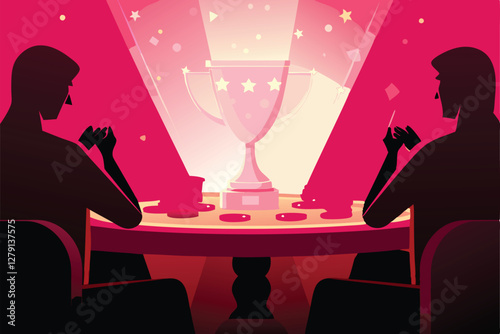 Dramatic spotlight on a poker championship final table, intense expressions, green felt, chips, cards, championship trophy.