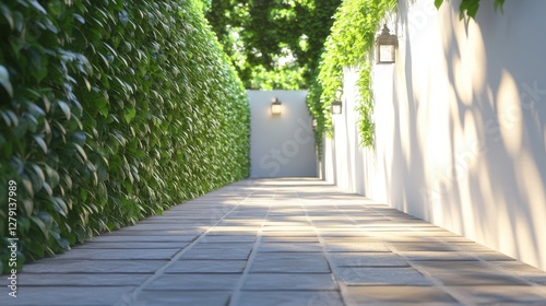 A serene narrow walkway bordered by lush greenery and vibrant plants  inviting tranquility and a connection with nature.