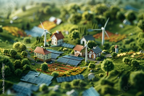 A vibrant miniature landscape featuring wind turbines and solar panels. photo